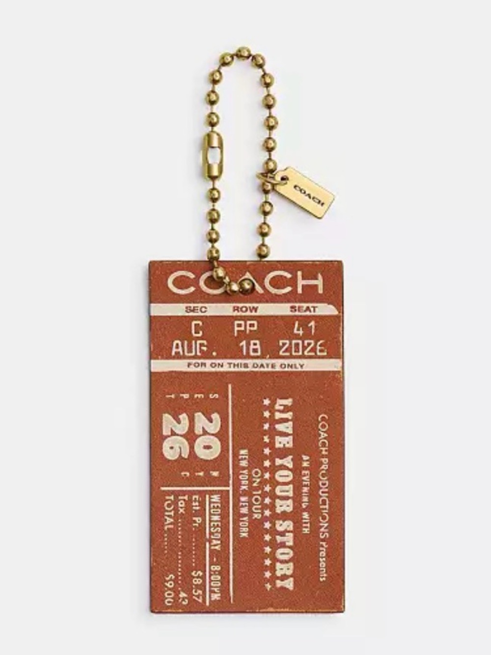 Coach Tan/Brown Ticket Tag Keychain with Gold Chain